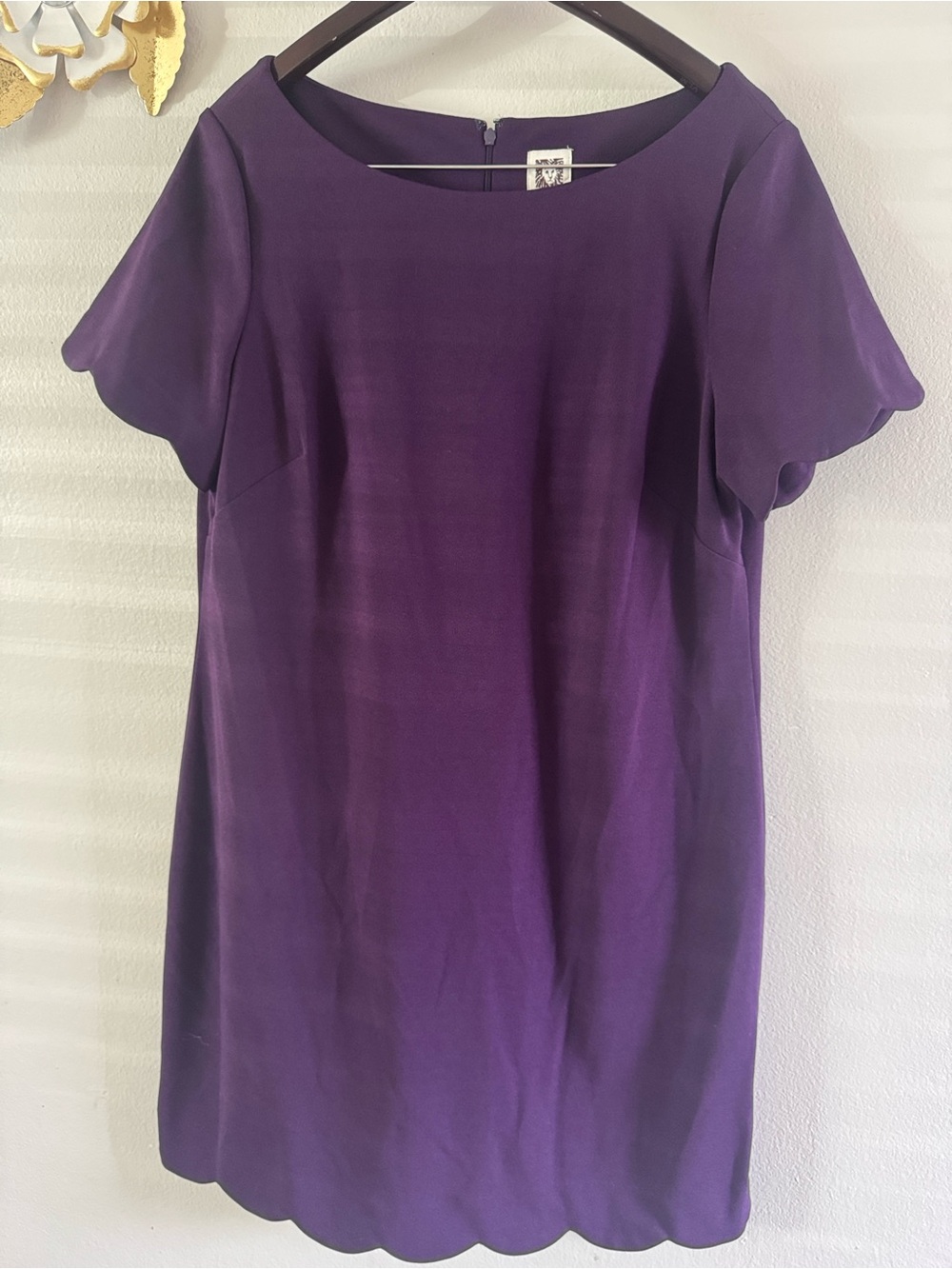 Anne Klein Deep Purple Scallop-Hem Short Sleeve Dress